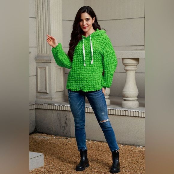 Green Texture Drawstring Long Sleeve Hoodie - Picture 1 of 3